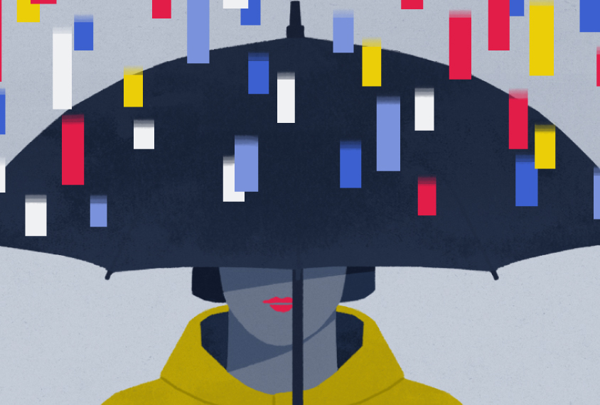 illustration shows woman under umbrella, with genes falling like rain