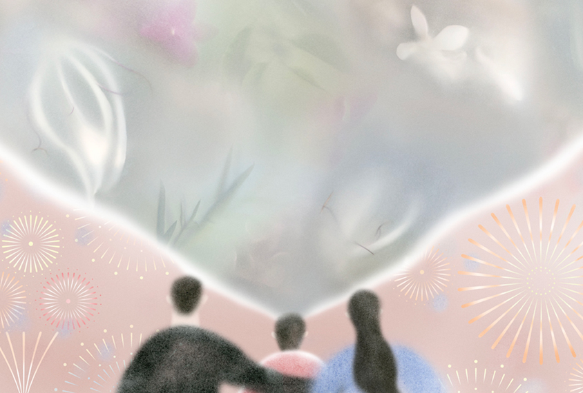 Illustration shows a family is watching fireworks, child sees blurry version of the event.