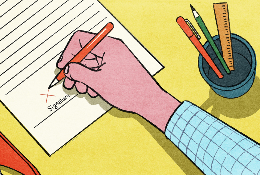 Illustration of a signature being signed on a form.