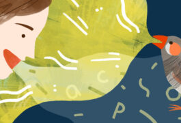 Colorful illustration shows a boy talking and a bird singing, with the sounds merging.