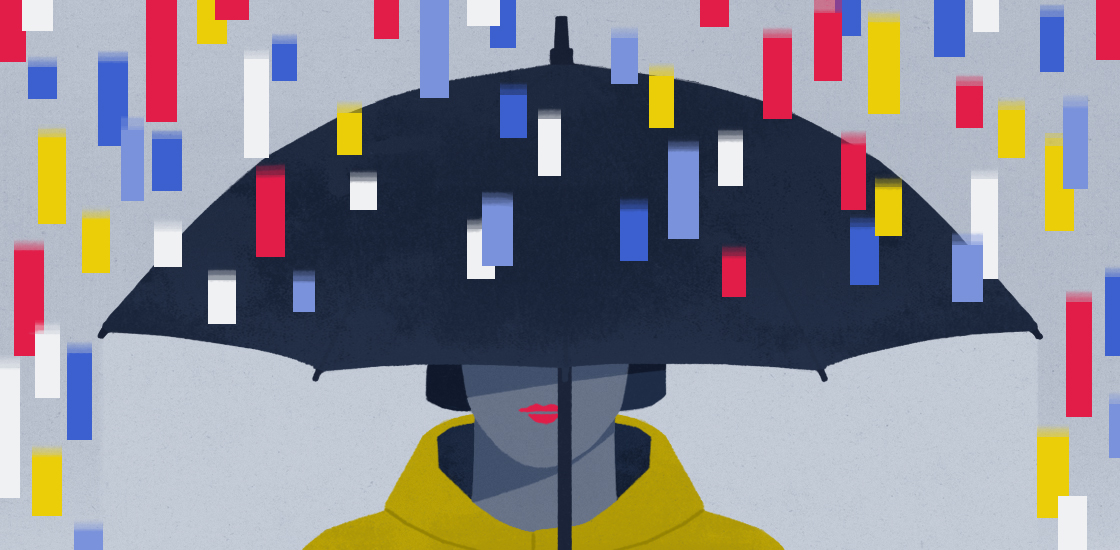 illustration shows woman under umbrella, with genes falling around her