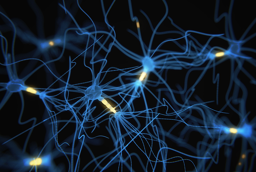 Artist's rendering of blue neurons in a network, with some connections firing, in yellow.