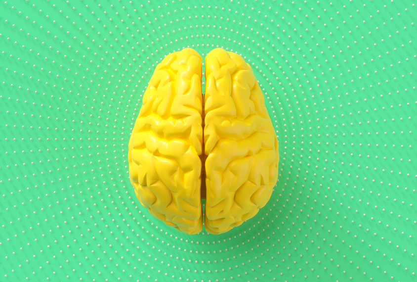 Yellow brain rests on green background with radiating dot pattern.