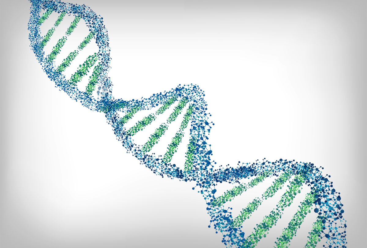 Illustration of a blue and green DNA strand against a white background.