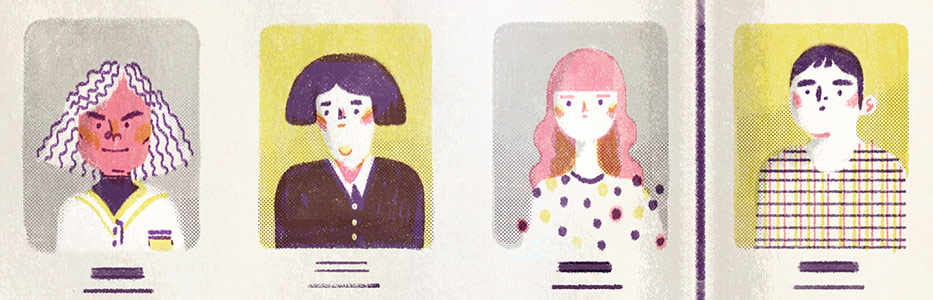 An illustration of painted faces lined up like a yearbook