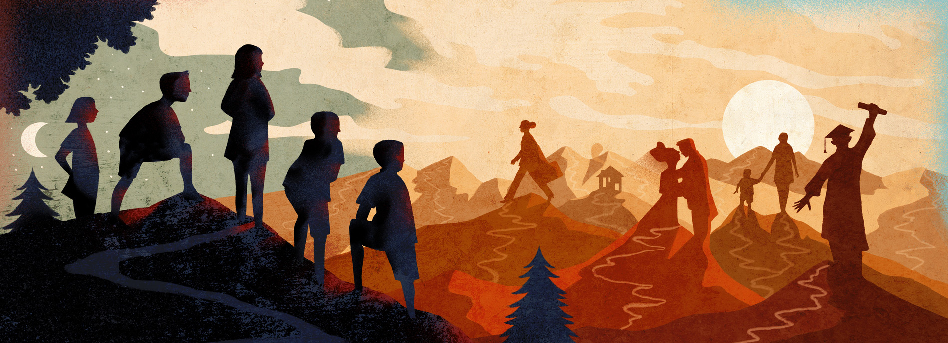 Children in the foreground look out from the darkness into the bright background, under a rising sun. The image suggests a triumphant life ahead, in which autism is overcome and left behind for good.