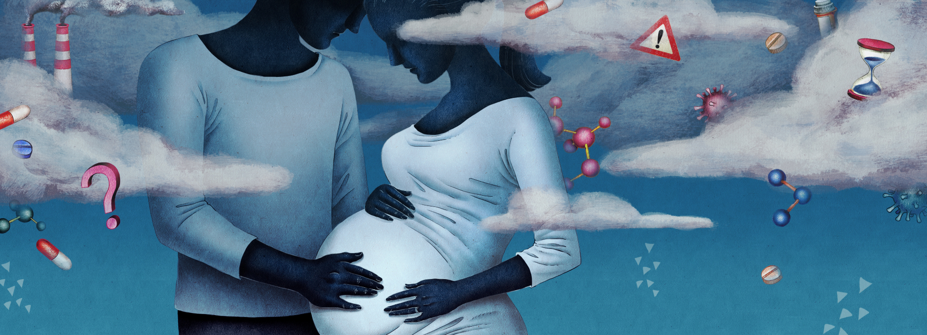 A mother holds her pregnant belly with her partner, in the background there are warning signs and pollutants suggesting environmental dangers.