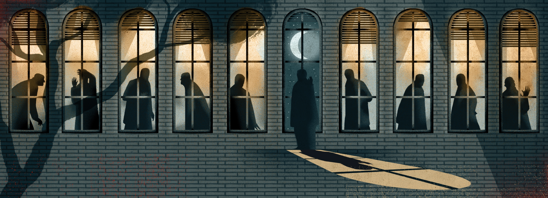 Illustrated figures stand along a hallway. One silhouette looks out, alone in the moonlight.