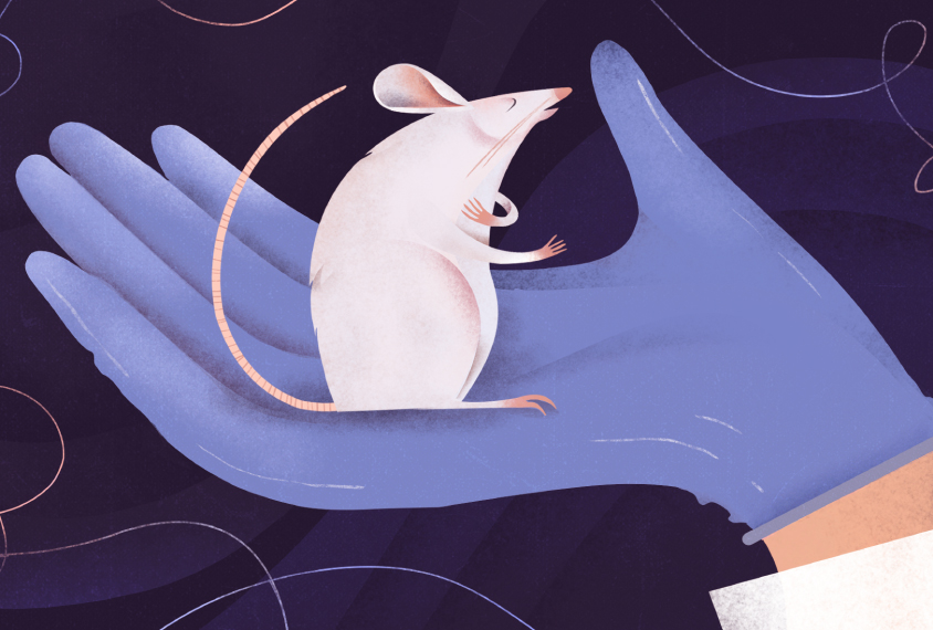 Illustration: A white mouse sits on a gloved-hand. The mouse is posing as if giving a speech.