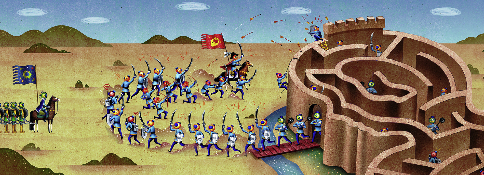 Immune system cells, portrayed as soldiers, leave a fortress only to circle back and attack the very fort from which they came: this image evokes the idea of an auto-immune disorder.