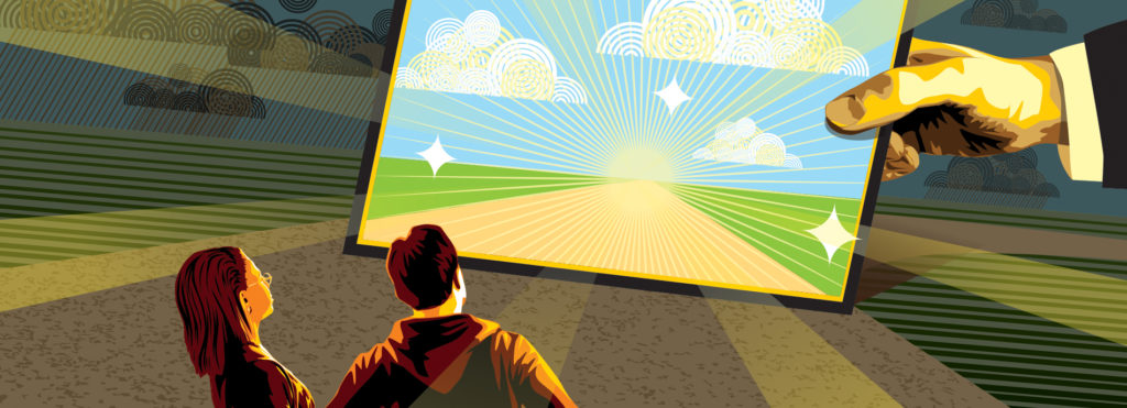 Two parents look at a frame held by a mysterious salesman-like hand. Within the frame, the picture of a glorious horizon. The tone suggests that not everything is as it seems.