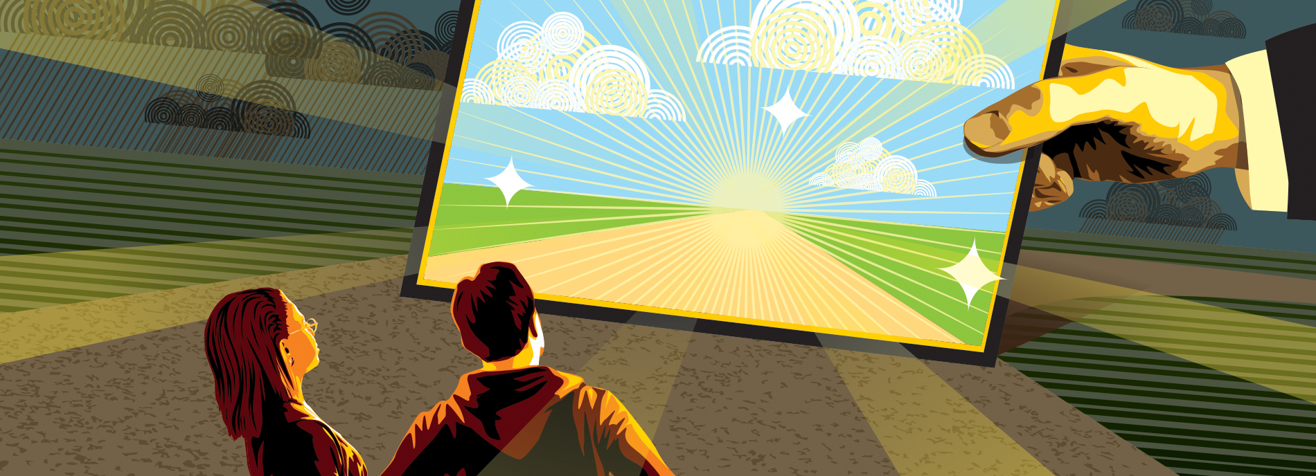 Two parents look at a frame held by a mysterious salesman-like hand. Within the frame, the picture of a glorious horizon. The tone suggests that not everything is as it seems.