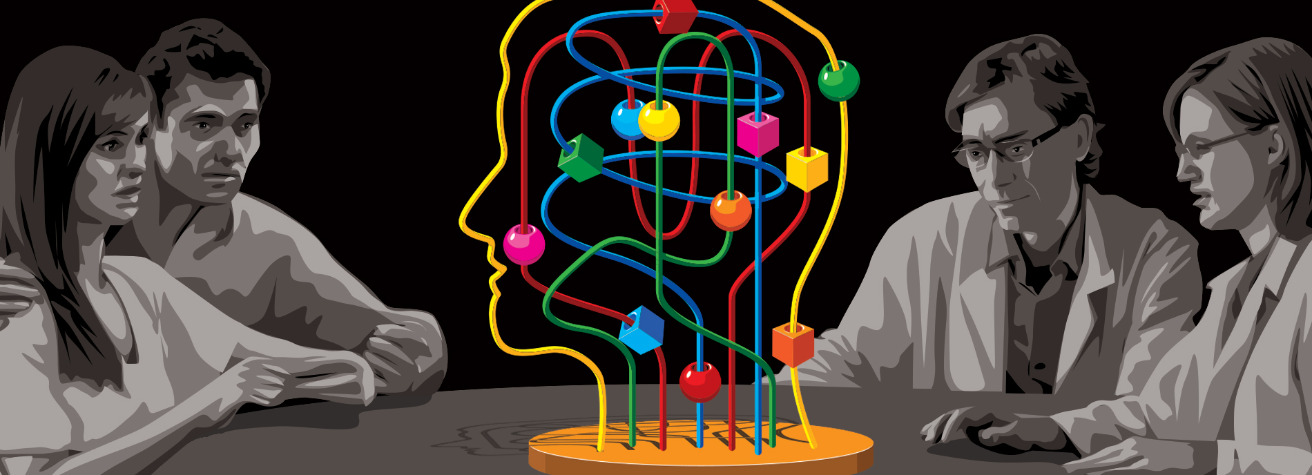 Scientists gather around a puzzle shaped like a human head.