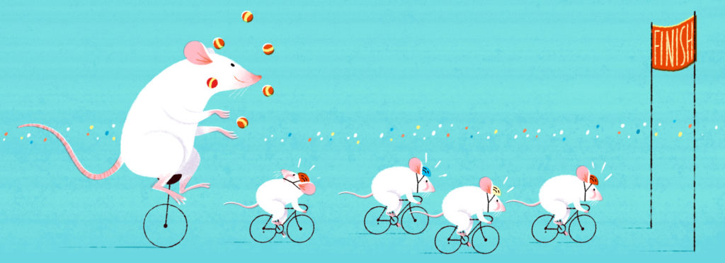 Four white mice bike ahead of a white rat, who is juggling on a unicycle; suggesting that rats can do more for research than mice.