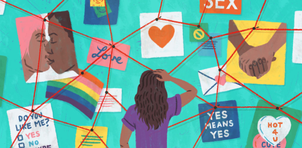 Illustration of woman scratching her head looking at a web of signs.
