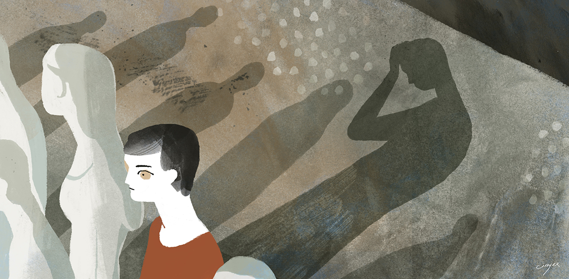 Illustration of people sitting at a party with looming shadows.