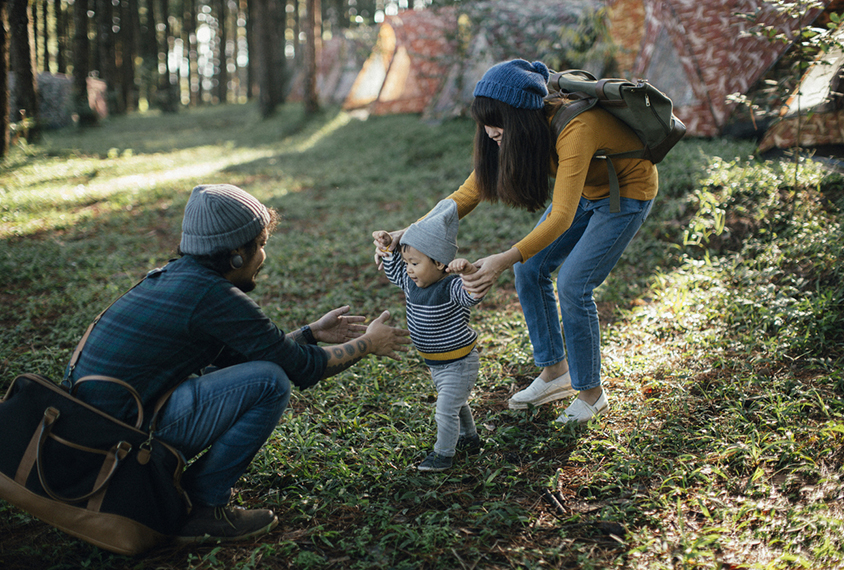 parents hiking with toddler