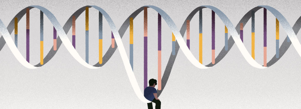 Illustration: An artistic depiction of the double-helix DNA molecule. In the center, there's a lonely-looking person.