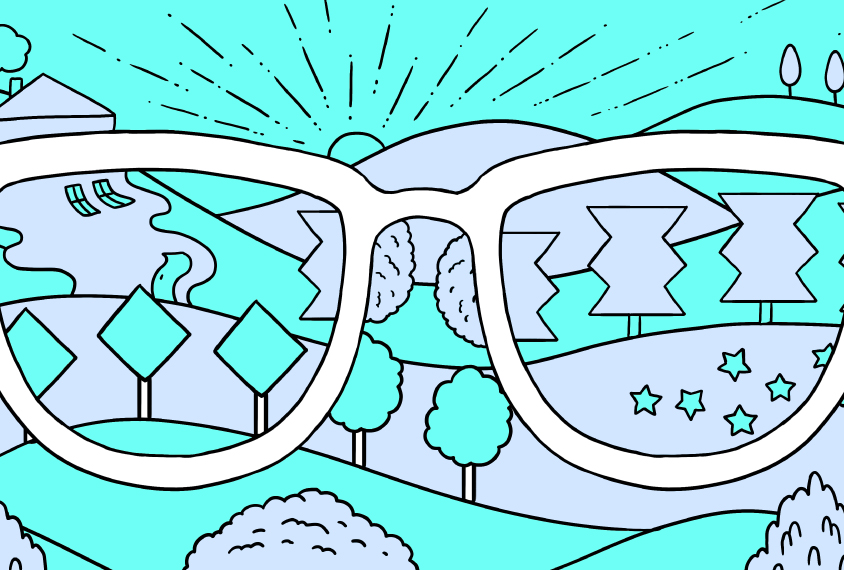 Illustration shows the world is distorted through a point of view pair of glasses
