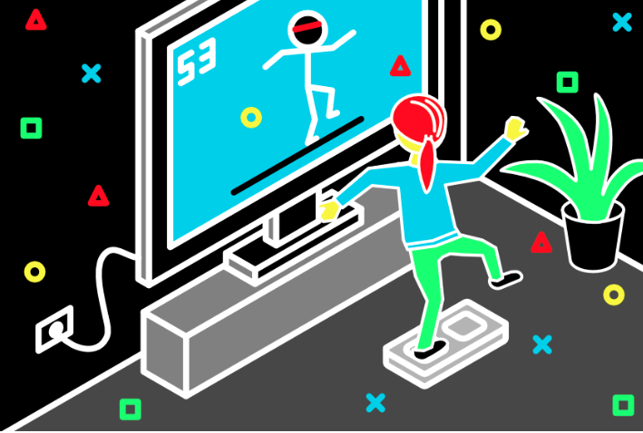 Illustration: a woman with red hair dances in front of a TV screen to an exercise video game.