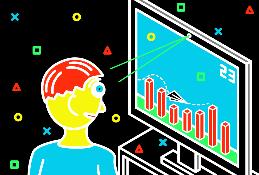 Illustration: a man stares at a computer screen, which features a video game showing a paper plane flying over obstacles. 