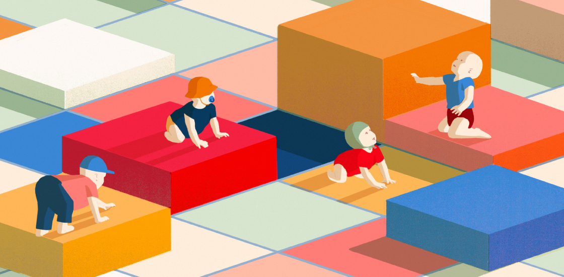 Toddlers on an uneven zone of color blocks.