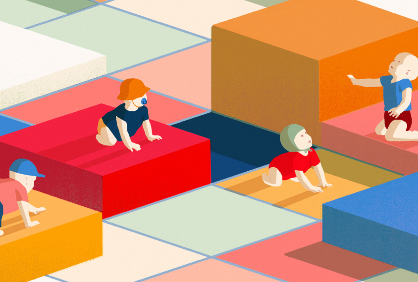 Toddlers on an uneven zone of color blocks.