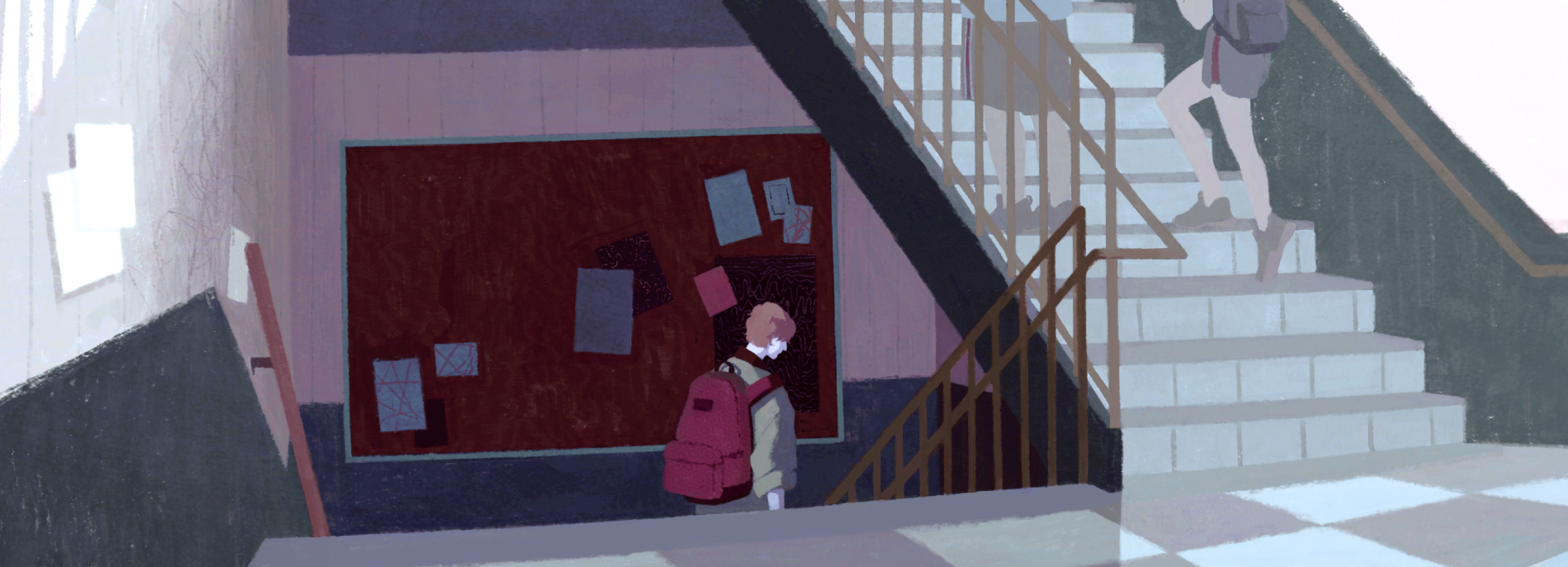 A schoolboy descends down a flight of stairs. The illustration evokes a feeling of both loneliness and sadness.