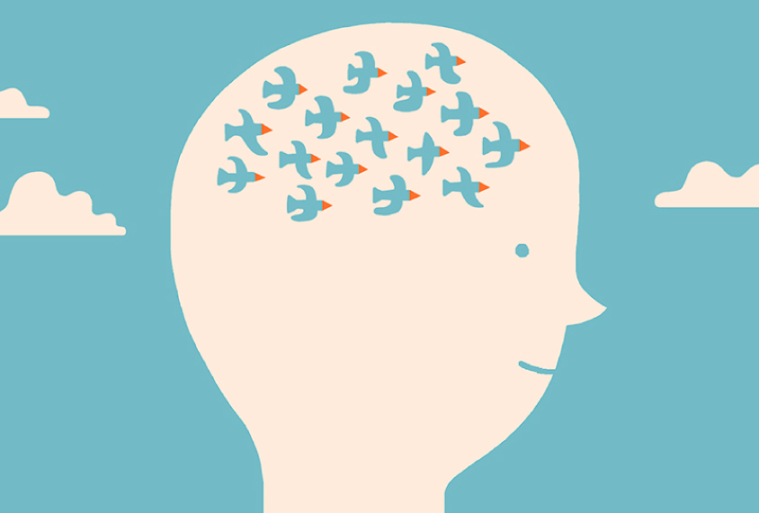 Artwork shows a flock of birds flying inside the head of a boy.