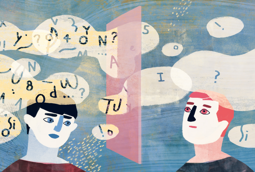 Illustration shows two people communicating, word bubble above head show that one person is getting less information.