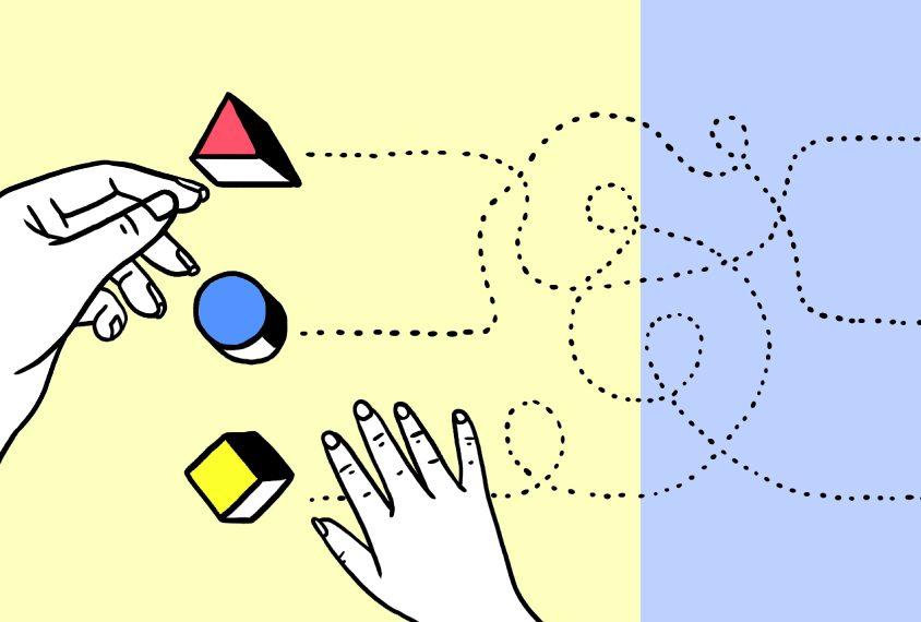 An illustration shows colored blocks with a child's hand and an adult's hand moving them.