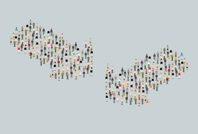 A digital drawing shows two groups of people forming large arrows, see from above.