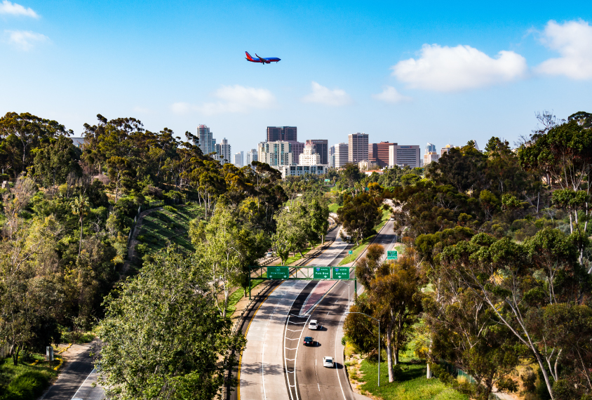 San Diego, California, Cabrillo freeway, plane flying overhead.