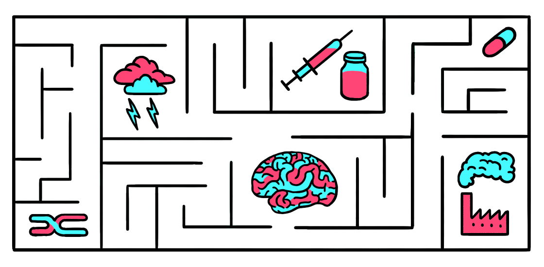 Illustration shows a maze of elements: human brain, medicine, chromosome, factory, clouds and lightning bolts