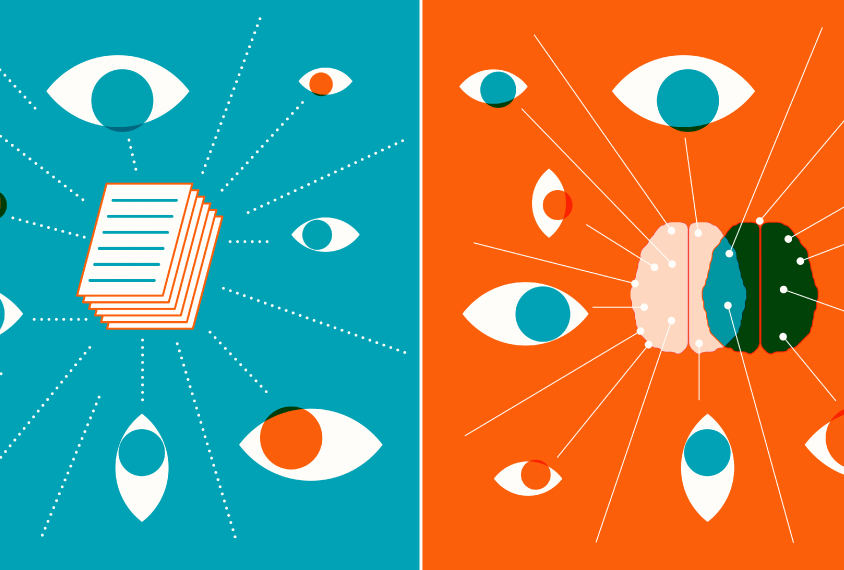 Illustration shows paper under review and the research process, on two different sides.