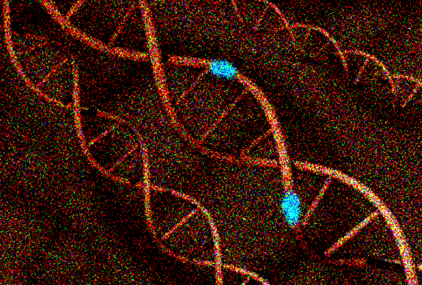 DNA helix shows blue spots as mutations.