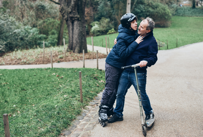 Gabin and his father Laurent in the park near their house in Paris.