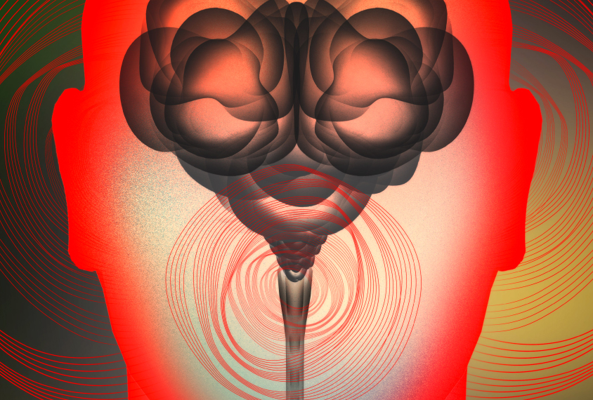 brain inside head, showing sound waves
