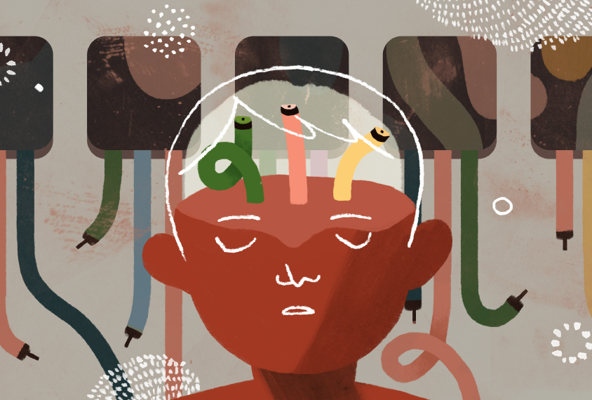Illustration of a child seen in front of cables, with matching cables in the brain area not fully connected