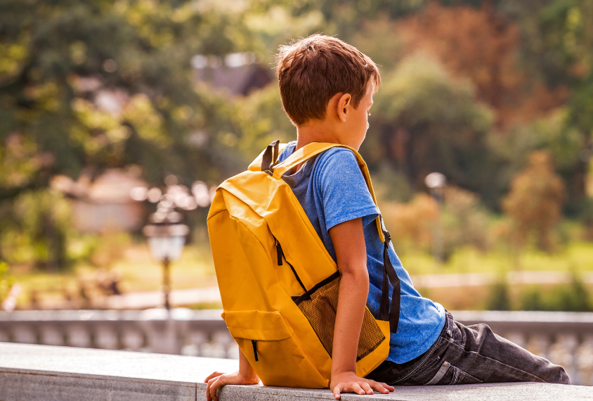 Boy wearing his backpack, outside