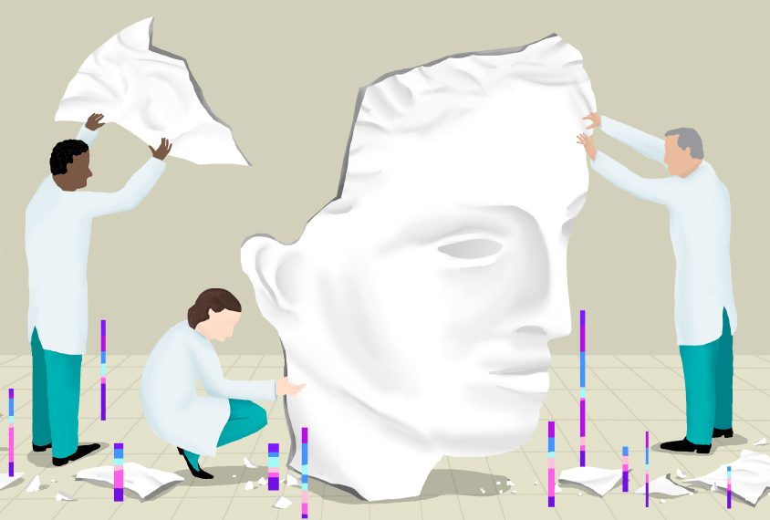 Illustration of scientists trying to piece together a female head in marble