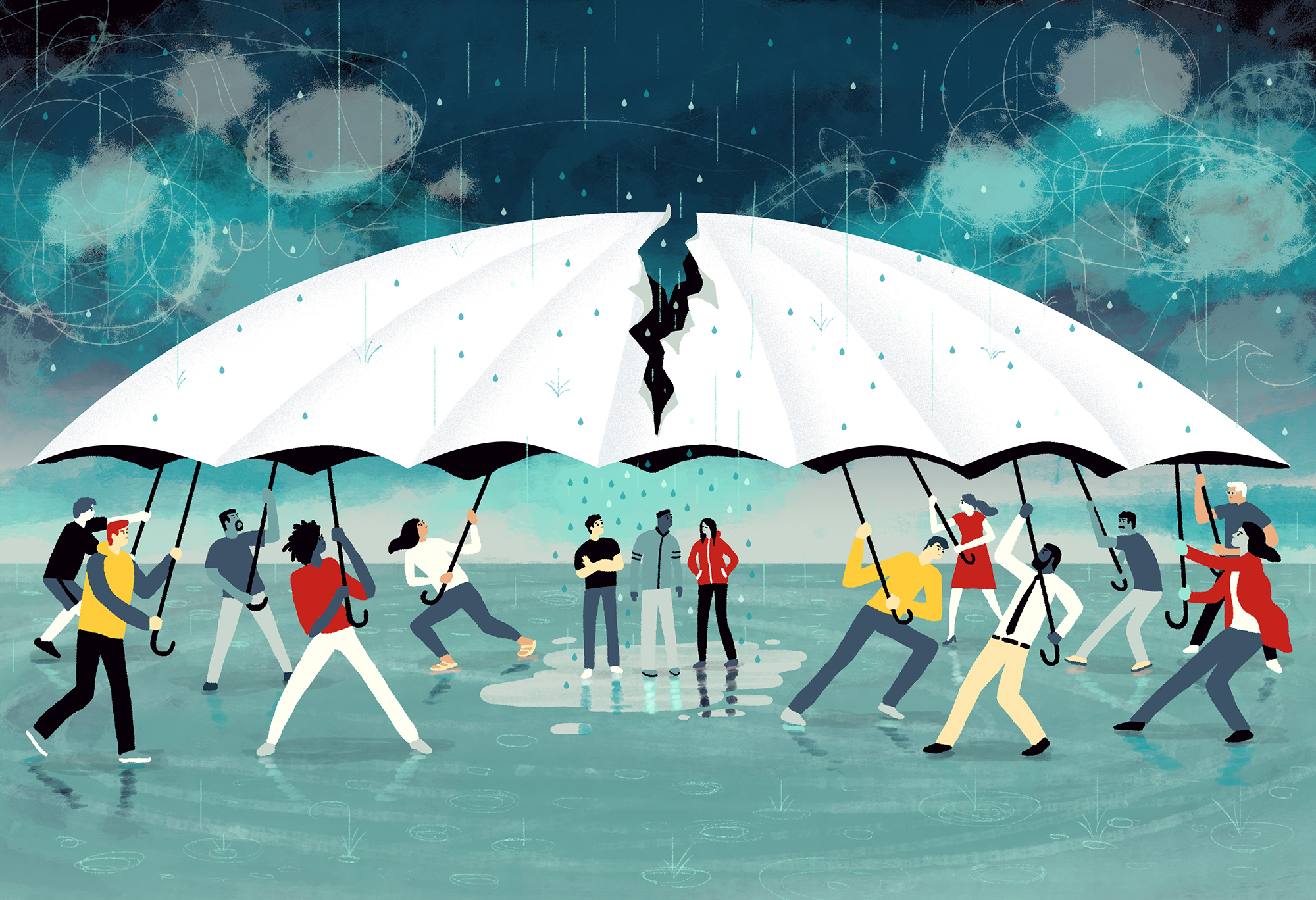 People battling over a giant umbrella, people in the middle are exposed to rain