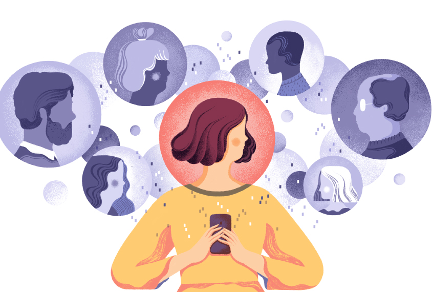 Illustration shows woman connecting digitally with other parents