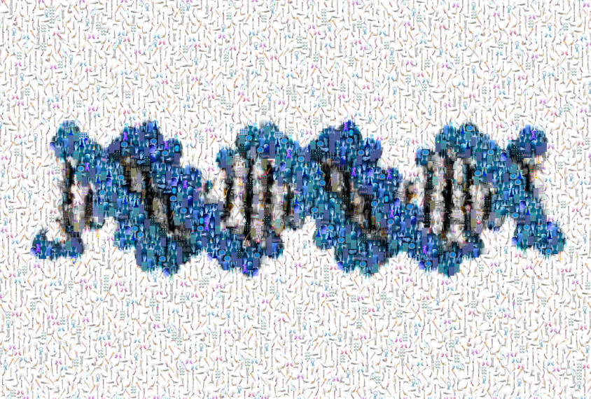 Image of DNA made up of hundreds of tiny images in a mosaic effect.
