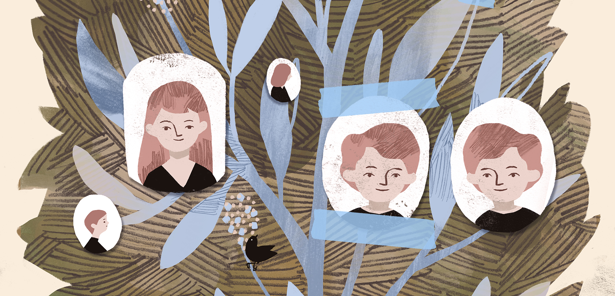 Illustration of portraits of various family members on a 'family tree'