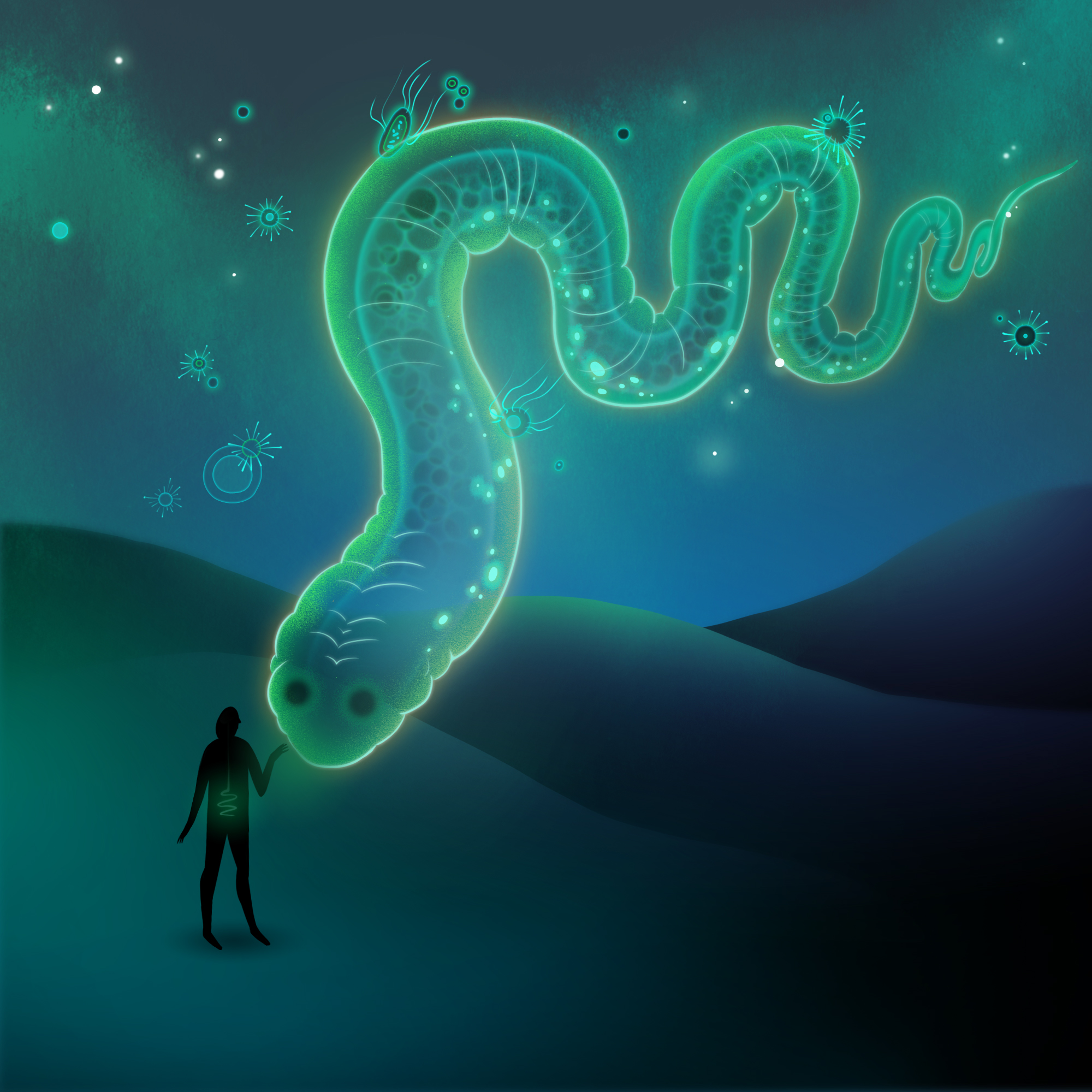 Illustration shows a human interacting with a giant, glowing green helminth flying overhead.