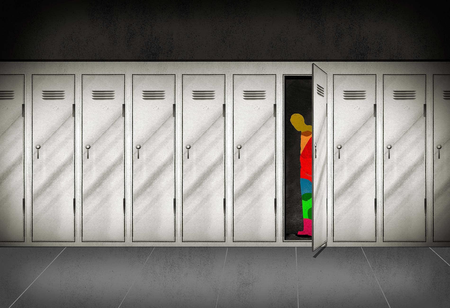 Illustration shows a silhouette of a boy standing inside a school locker.
