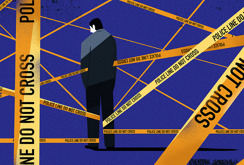 Illustration shows man penned in by Police line 'do not cross' yellow tape