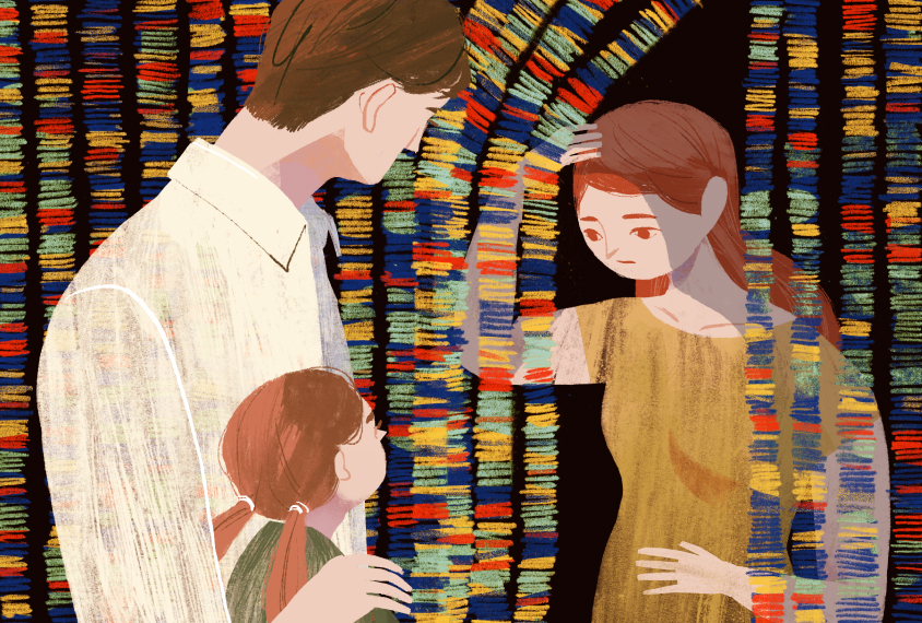 Illustration shows woman peering at her partner and child from behind a 'curtain' of genome sequence