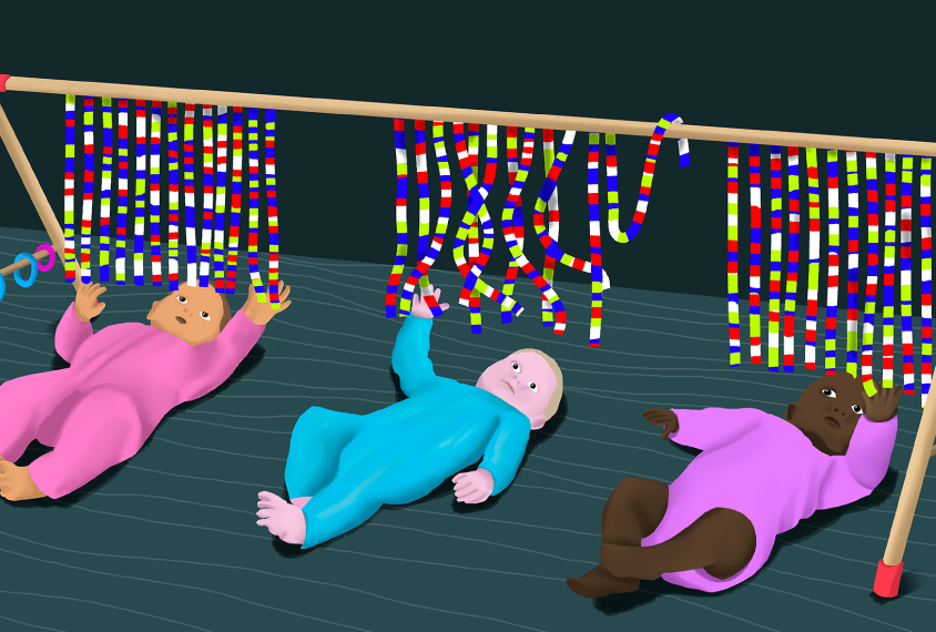 row of babies playing with toys that look like genome sequence